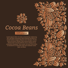 Design template for cocoa packaging. Cocoa beans and leaves. Vector illustration.