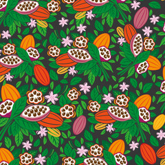 Design template for cocoa packaging. Cocoa beans and leaves. Vector illustration.