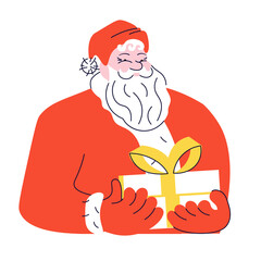 Santa Claus holding a gift. Christmas winter holiday design element