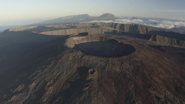 Panoramic aerial view of Piton de la Fournaise with Crater Maillard in foreground, a beautiful Volcano in Sainte Rose province, Saint Benoit, Reunion.