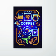Coffee Neon Flyer. Vector Illustration of Drink Promotion.