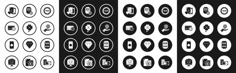 Set Casino chips, Four leaf clover, Credit card, Playing with clubs symbol, Hand holding casino, Online slot machine, Slot lucky sevens jackpot and poker table game icon. Vector