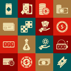 Set Lottery ticket, Slot machine with lucky sevens jackpot, Casino chip dollar, Game dice, Credit card, Online poker table game and Hand holding deck of playing cards icon. Vector