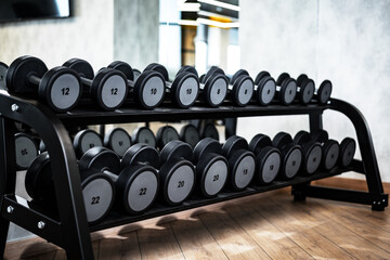 Naklejka na ściany i meble Rows of metal dumbbells on rack for bodybuilding in gym