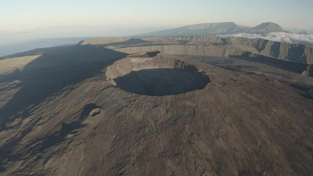 Panoramic aerial view of Piton de la Fournaise with Crater Maillard in foreground, a beautiful Volcano in Sainte Rose province, Saint Benoit, Reunion.