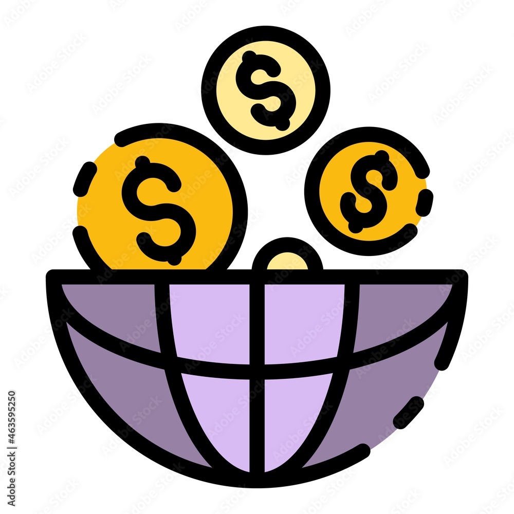 Poster globe and currency icon. outline globe and currency vector icon color flat isolated