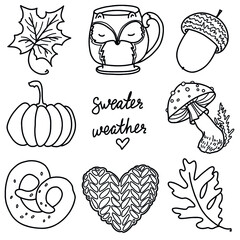 Set of autumn elements in doodle style. Mushrooms, autumn leaves, cocoa, acorn and other autumn details. Contour, black and white illustration, autumn coloring.
