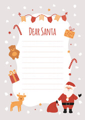 Christmas wish list with Santa, cute animals deer and bear cub, gift boxes, candy, festive bunting. Stationary template for kids wishes, letter, message. Winter illustration, border with snow, stars