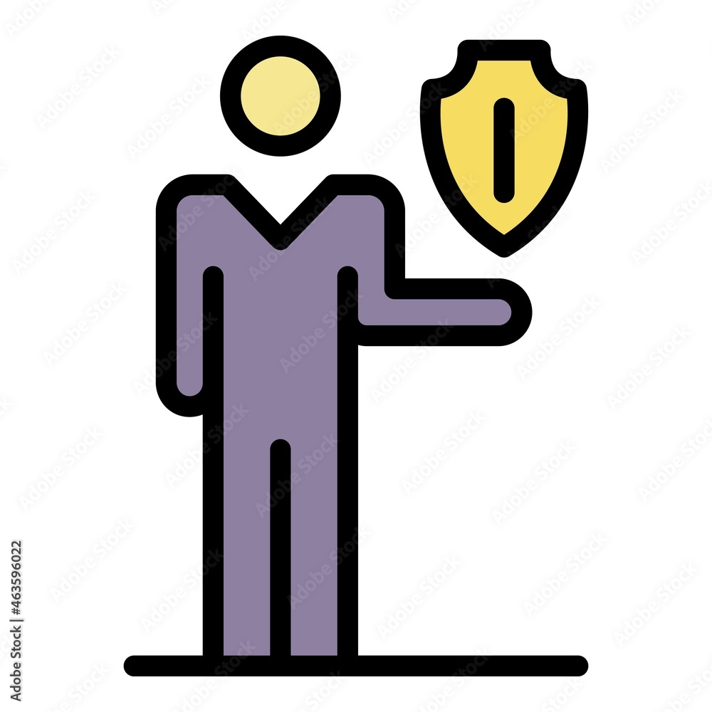 Poster man and shield over palm icon. outline man and shield over palm vector icon color flat isolated
