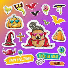 Vector halloween sticker icons set with dracula, witch hat, scary pumpkin, bat , skull, happy halloween text, demon and zombie eyes, wooden cemetry cross, monsters isolated on violet background.