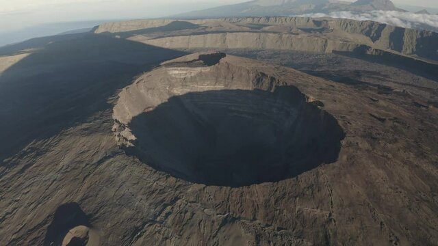 Panoramic aerial view of Piton de la Fournaise with Crater Maillard in foreground, a beautiful Volcano in Sainte Rose province, Saint Benoit, Reunion.