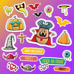 Vector halloween sticker icons set with dracula, witch hat, scary pumpkin, bat , skull, happy halloween text, demon and zombie eyes, wooden cemetry cross, monsters isolated on violet background.