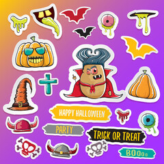 Vector halloween sticker icons set with dracula, witch hat, scary pumpkin, bat , skull, happy halloween text, demon and zombie eyes, wooden cemetry cross, monsters isolated on violet background.