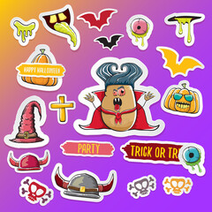 Vector halloween sticker icons set with dracula, witch hat, scary pumpkin, bat , skull, happy halloween text, demon and zombie eyes, wooden cemetry cross, monsters isolated on violet background.