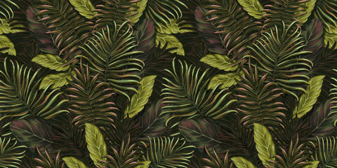 Naklejka na ściany i meble Seamless pattern with tropical leaves. Hand drawing 3d botanical background. Suitable for making wallpaper, printing on fabric, wrapping paper, fabric, notebook cover