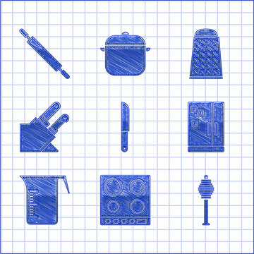 Set Knife, Gas Stove, Honey Dipper Stick, Refrigerator, Measuring Cup, Grater And Rolling Pin Icon. Vector