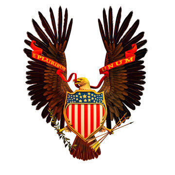 American bald eagle with shield covered with the United States flag holding arrows and olive branch in talons. Ribbon reads e pluribus unum.  (out of many, one)