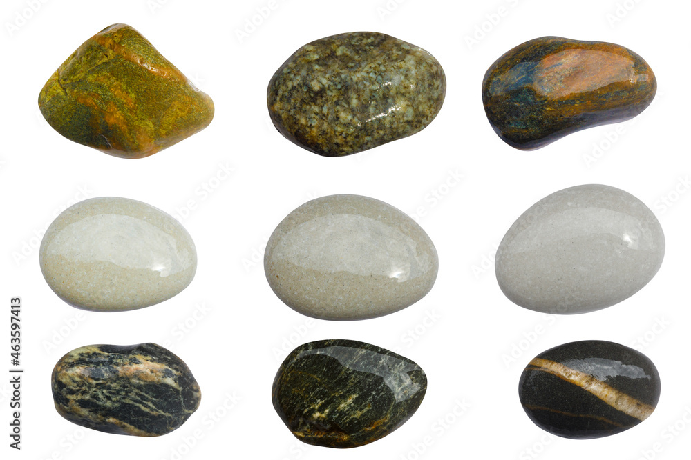 Poster a set of stones in isolation on a white background. sea pebbles