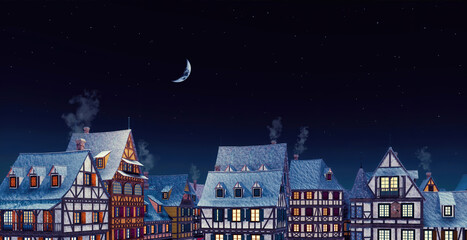 Tiled rooftops of half-timbered european houses with smoking chimneys at old cozy town against dark starry sky with half moon at calm winter night. Dreamlike 3D illustration from my own 3D rendering.