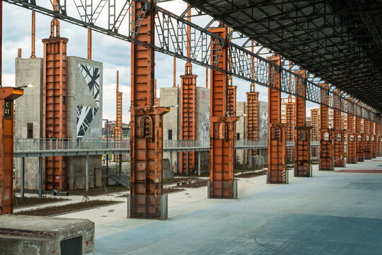 Turin, Italy, March 31, 2013: View of parco Dora park in Turin with the old industrial ruin