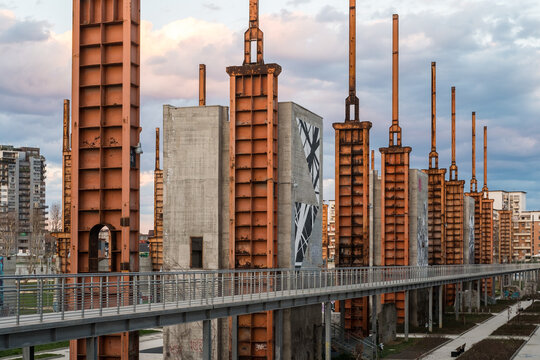 Turin, Italy, March 31, 2013: View of parco Dora park in Turin with the old industrial ruin