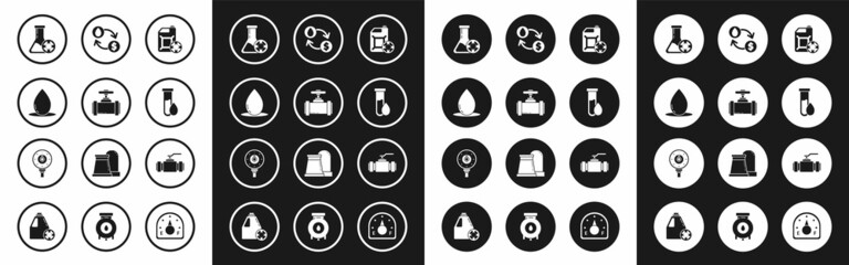 Set Antifreeze canister, Industry metallic pipes and valve, Oil drop, test tube, petrol, exchange, water transfer, convert, and Motor gas gauge icon. Vector
