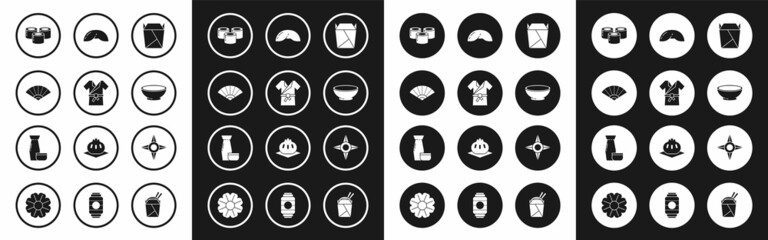 Set Rstaurant opened take out box filled, Paper chinese or japanese folding fan, Sushi, Bowl of hot soup, Chinese fortune cookie, ninja shuriken and Traditional tea ceremony icon. Vector