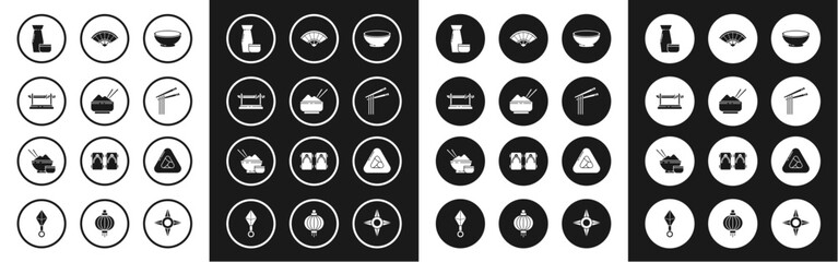 Set Bowl of hot soup, Rice in a bowl with chopstick, Traditional Japanese katana, tea ceremony, Asian noodles and chopsticks, Paper chinese or japanese folding fan, Sushi and icon. Vector