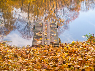 walkway on the lake in yellow foliage in autumn