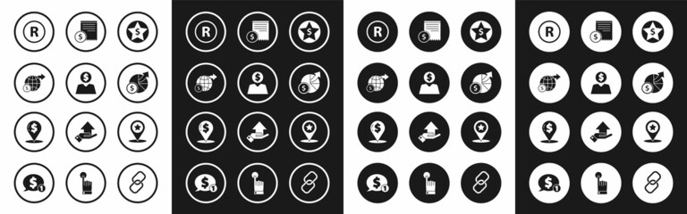 Set Star and dollar, Business man planning mind, Earth globe with, Registered Trademark, Money diagram graph, Paper check financial check, Map pointer star and Cash location pin icon. Vector