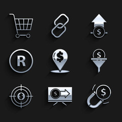 Fototapeta premium Set Cash location pin, Monitor with dollar, Magnet money, Lead management, Target, Registered Trademark, Financial growth and coin and Shopping cart icon. Vector