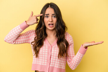 Young caucasian woman isolated on yellow background holding and showing a product on hand.