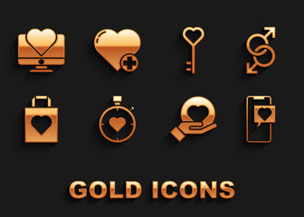 Set Heart in the center stopwatch, Male gender symbol, Smartphone with heart speech bubble, hand, Shopping bag, Key shape, Computer monitor and icon. Vector