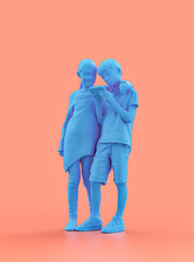 Two children standing side by side, a girl and a boy, blue color monochrome person model, single color person, 3d Rendering