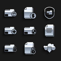 Set Document folder protection, and lock, Cloud download, Folder, Add new, and Delete icon. Vector