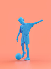 A boy hitting the ball on the ground.,blue color monochrome person model, single color person, 3d Rendering