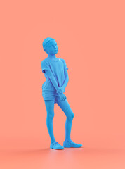 A standing girl holding her wrist with one hand, monochrome person model, single color, 3d Rendering
