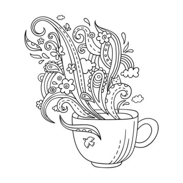 Line art cup of tea or coffee. Vector adult coloring page a cup and ornate steam in doodle style.