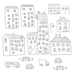 Cartoon cityscape. Cute urban background. Outline. Coloring book for child. Vector illustration.