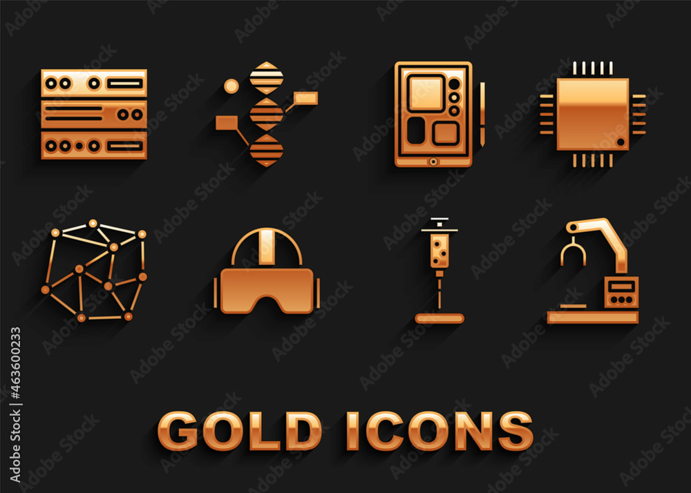 Poster set virtual reality glasses, processor with microcircuits cpu, robotic robot arm hand factory, syrin
