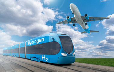 A hydrogen fuel cell train and airplane. New energy sources	