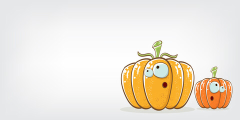 Funky Halloween or thanksgiving day horizontal banner with vector funny cartoon cute smiling friends pumpkins isolated on grey background.