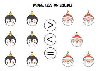 More, less, equal with cute cartoon sweaters. Math comparison.