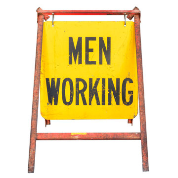 Yellow road construcion sign men working isolated on a white background