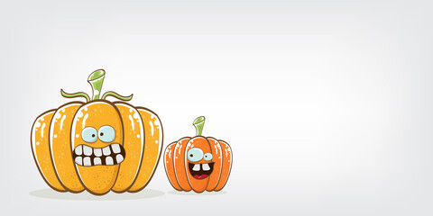 Funky Halloween or thanksgiving day horizontal banner with vector funny cartoon cute smiling friends pumpkins isolated on grey background.