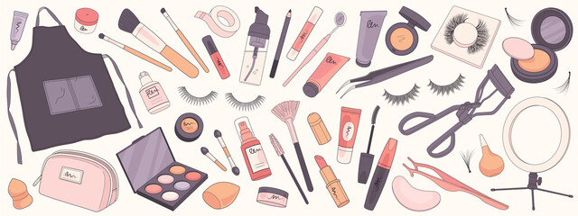 Set of make up products, brushes and tools isolated on background. Vector illustration