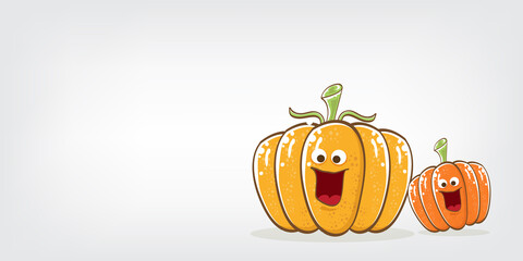 Funky Halloween or thanksgiving day horizontal banner with vector funny cartoon cute smiling friends pumpkins isolated on grey background.