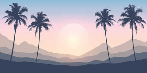 tropical night landscape with palm trees and mountains