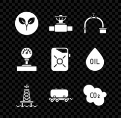 Set Bio fuel, Industry pipe and valve, Oil rig with fire, railway cistern, CO2 emissions in cloud, Gauge scale and Canister for motor oil icon. Vector