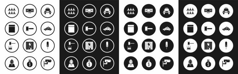 Set Police car and flasher, Judge gavel, Plastic bag with ziplock, Jurors, Stacks paper money cash, Feather pen and icon. Vector